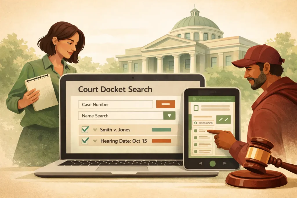 “Hero illustration of Summit County Ohio court docket search on laptop and tablet, with courthouse and diverse users reviewing public court records.”