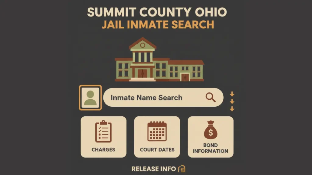 Summit County Ohio jail inmate search infographic showing how to find charges, bond information, court dates, and release details.