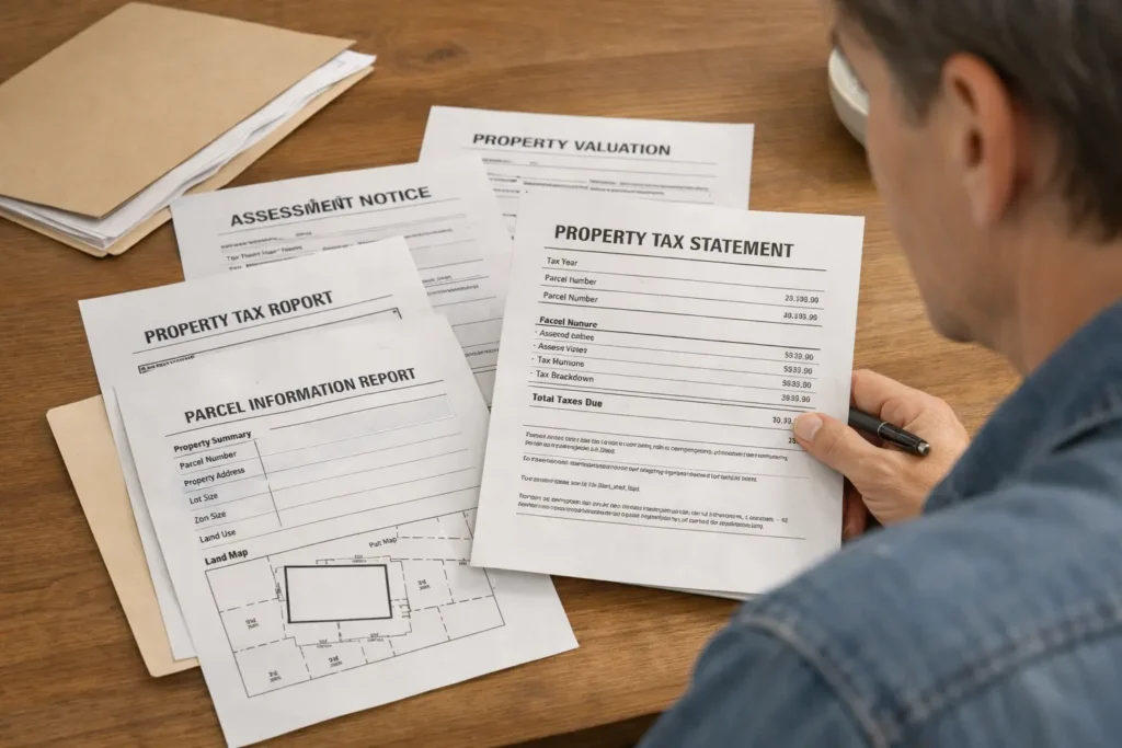 homeowner reviewing property paperwork at a table
